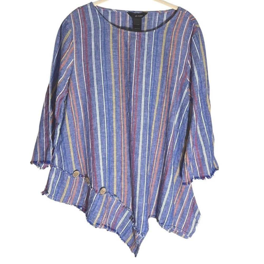 Ali Miles Linen Cotton Striped asymetrical raw hem top tunic blouse sz LG
